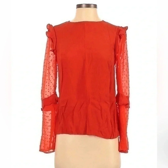 Nicole Miller New York | Ruffle Sheer Polka Dot Sleeves Red Blouse Size XS - Picture 2 of 4